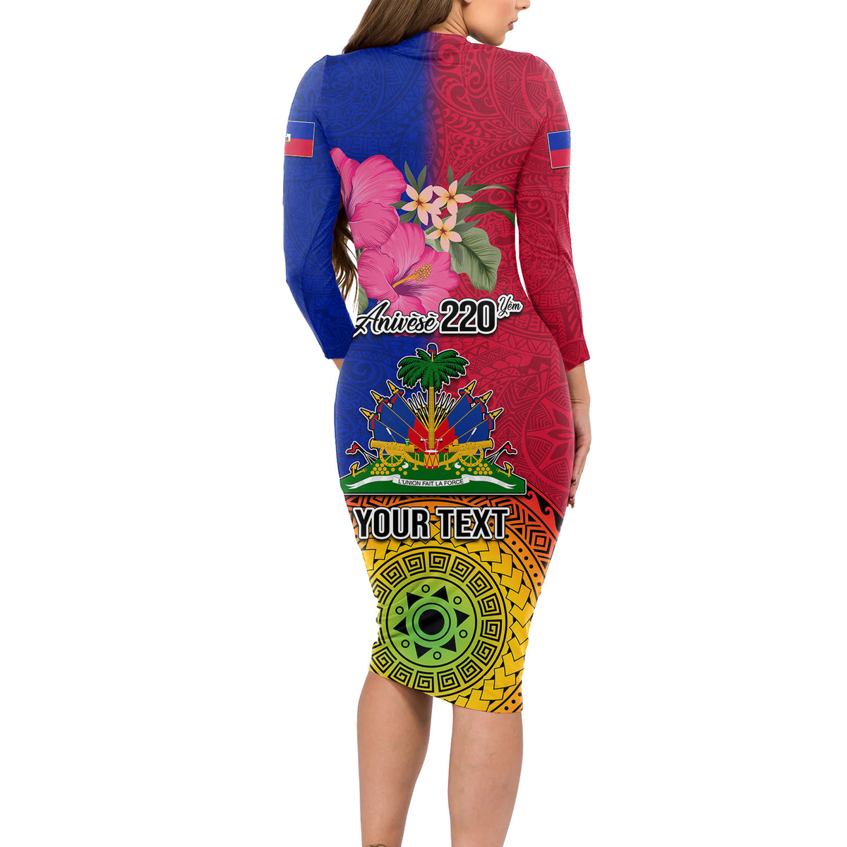 Personalised Haiti Battle of Vertieres Long Sleeve Bodycon Dress The Haitian Revolution 220th Anniversary Polynesian Style LT03 - Polynesian Pride