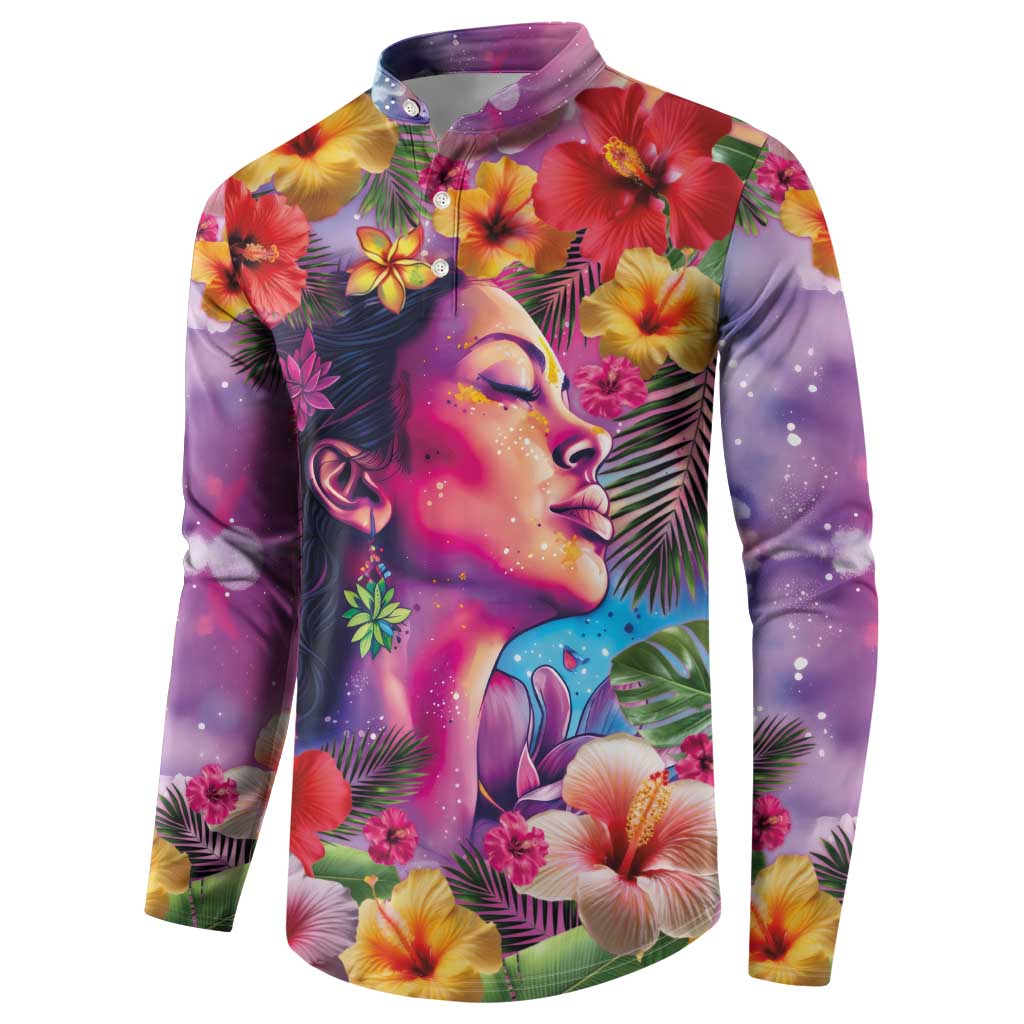 Polynesian Women Button Sweatshirt Tropical Plant - Vibrant Surreal Dreamscape Vibe