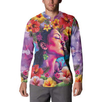 Polynesian Women Button Sweatshirt Tropical Plant - Vibrant Surreal Dreamscape Vibe
