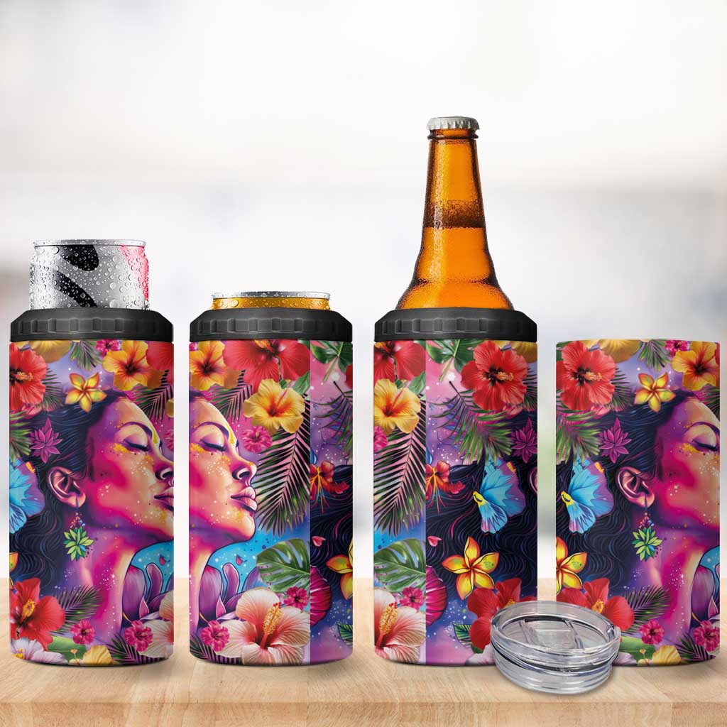 Polynesian Women 4 in 1 Can Cooler Tumbler Tropical Plant - Vibrant Surreal Dreamscape Vibe