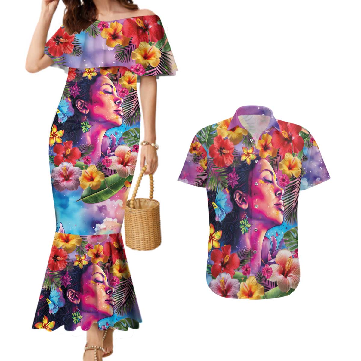Polynesian Women Couples Matching Mermaid Dress and Hawaiian Shirt Tropical Plant - Vibrant Surreal Dreamscape Vibe