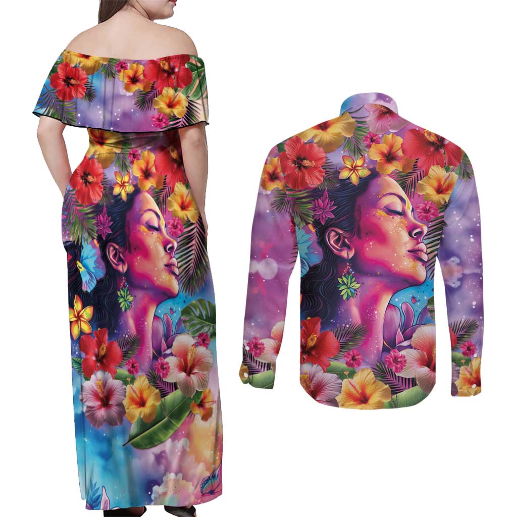 Polynesian Women Couples Matching Off Shoulder Maxi Dress and Long Sleeve Button Shirt Tropical Plant - Vibrant Surreal Dreamscape Vibe