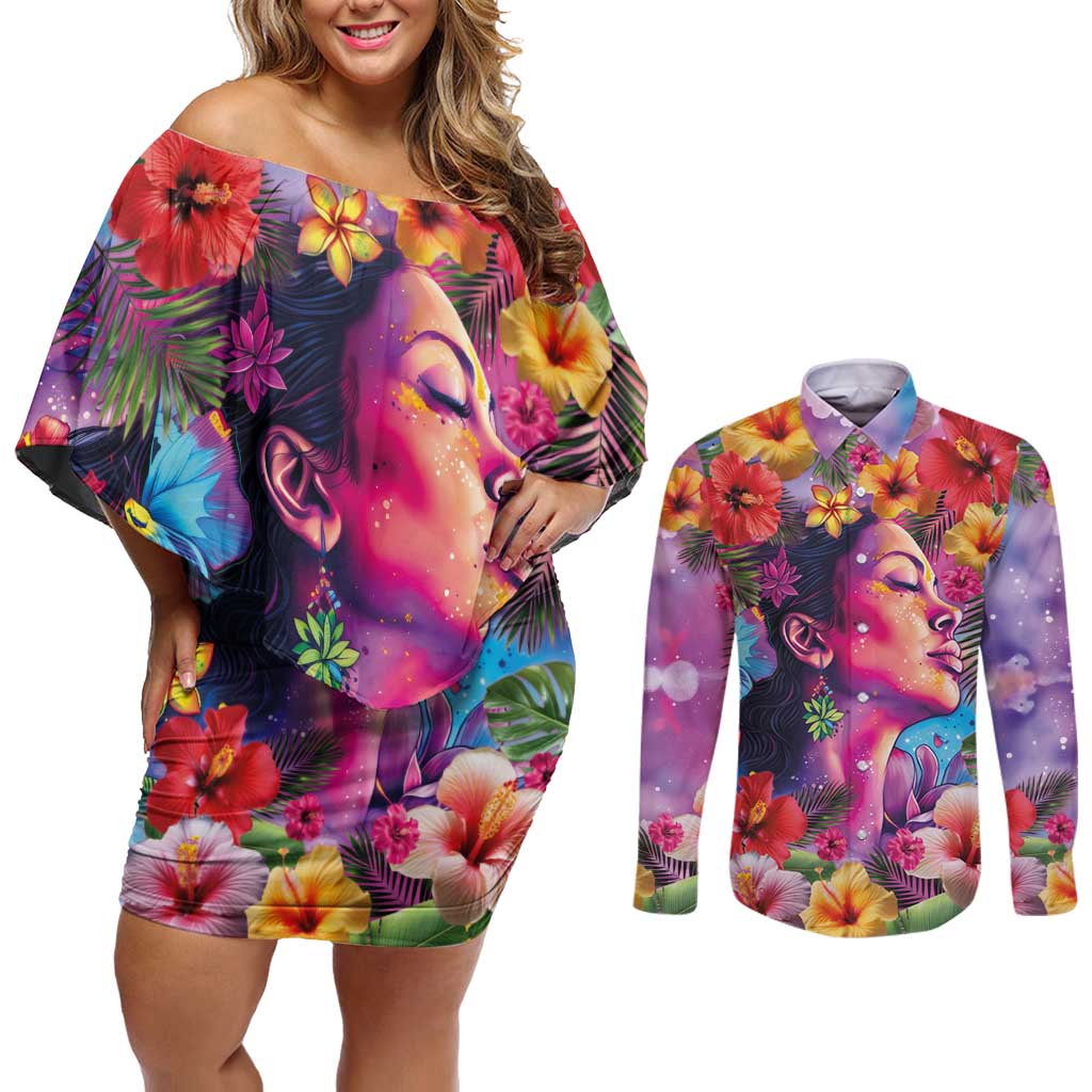 Polynesian Women Couples Matching Off Shoulder Short Dress and Long Sleeve Button Shirt Tropical Plant - Vibrant Surreal Dreamscape Vibe