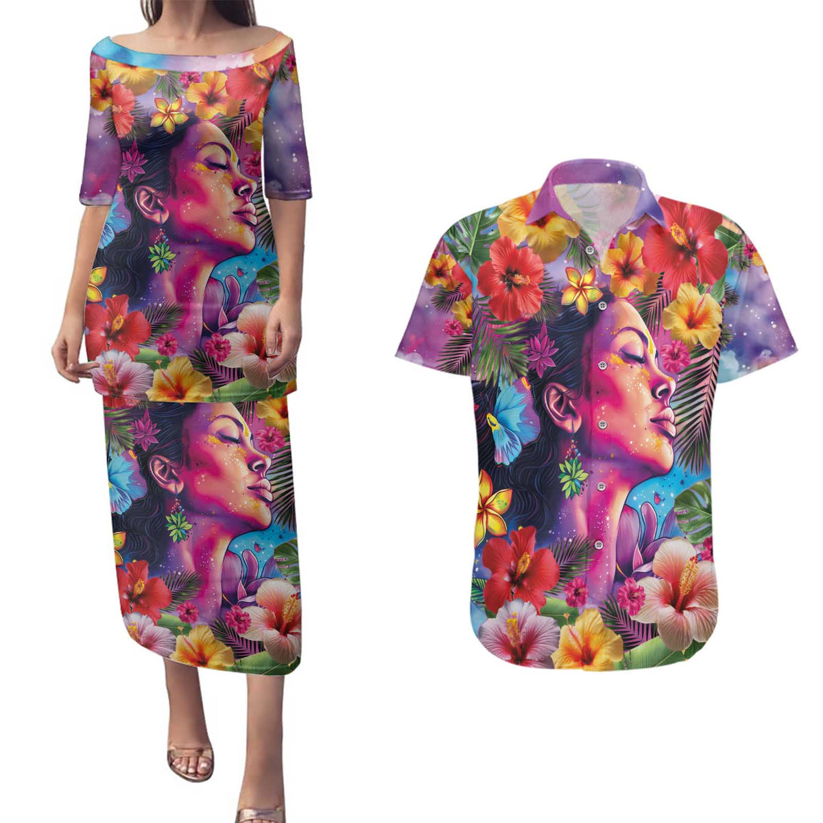 Polynesian Women Couples Matching Puletasi and Hawaiian Shirt Tropical Plant - Vibrant Surreal Dreamscape Vibe