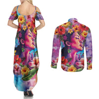 Polynesian Women Couples Matching Summer Maxi Dress and Long Sleeve Button Shirt Tropical Plant - Vibrant Surreal Dreamscape Vibe
