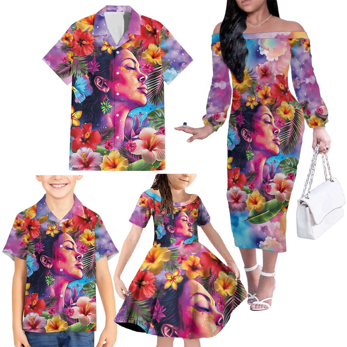 Polynesian Women Family Matching Off The Shoulder Long Sleeve Dress and Hawaiian Shirt Tropical Plant - Vibrant Surreal Dreamscape Vibe