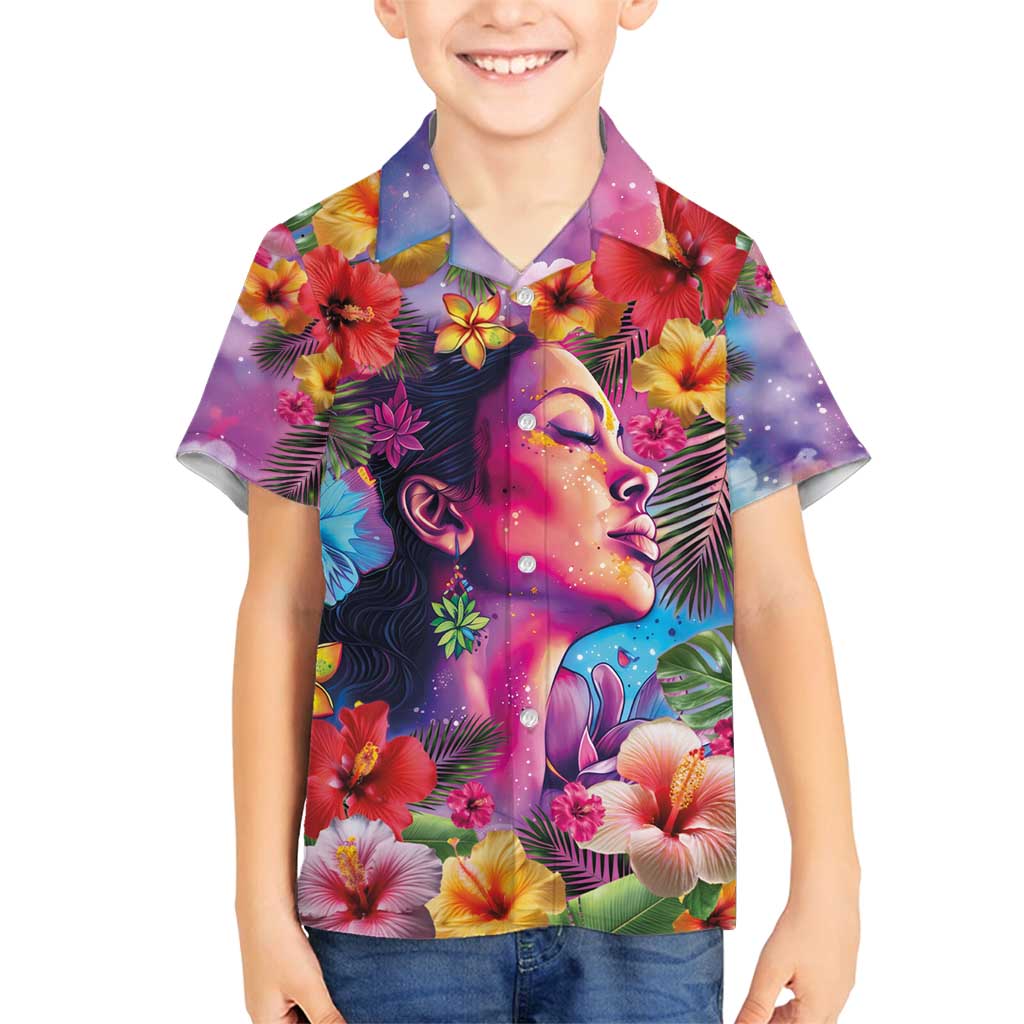 Polynesian Women Family Matching Off Shoulder Short Dress and Hawaiian Shirt Tropical Plant - Vibrant Surreal Dreamscape Vibe
