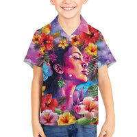 Polynesian Women Family Matching Off Shoulder Short Dress and Hawaiian Shirt Tropical Plant - Vibrant Surreal Dreamscape Vibe