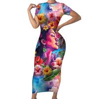 Polynesian Women Family Matching Short Sleeve Bodycon Dress and Hawaiian Shirt Tropical Plant - Vibrant Surreal Dreamscape Vibe