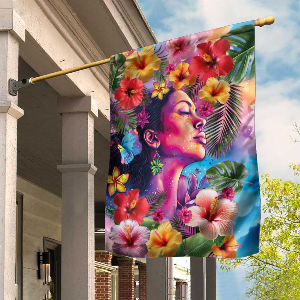 Polynesian Women Garden Flag Tropical Plant - Vibrant Surreal Dreamscape Vibe LT03 House Flag Pink-Purple - Polynesian Pride