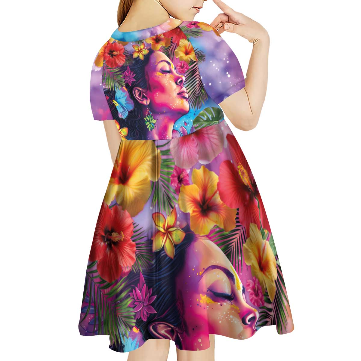 Polynesian Women Kid Short Sleeve Dress Tropical Plant - Vibrant Surreal Dreamscape Vibe
