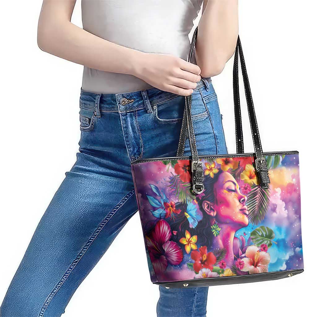 Polynesian Women Leather Tote Bag Tropical Plant - Vibrant Surreal Dreamscape Vibe