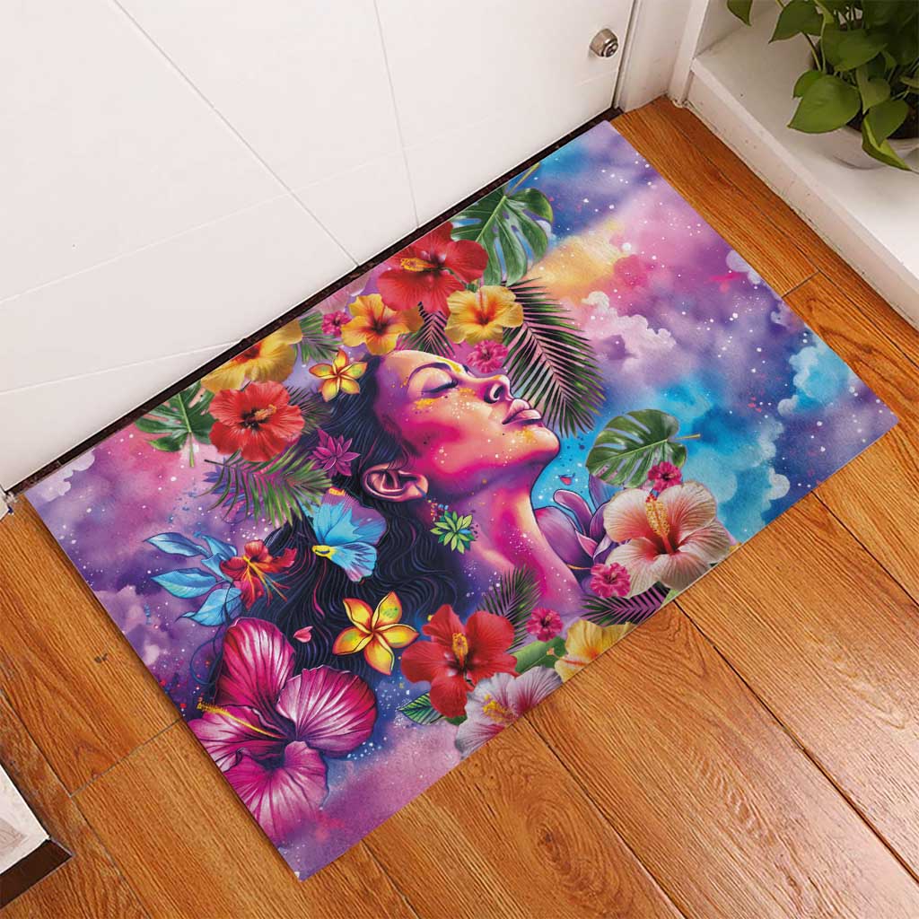 Polynesian Women Rubber Doormat Tropical Plant - Vibrant Surreal Dreamscape Vibe