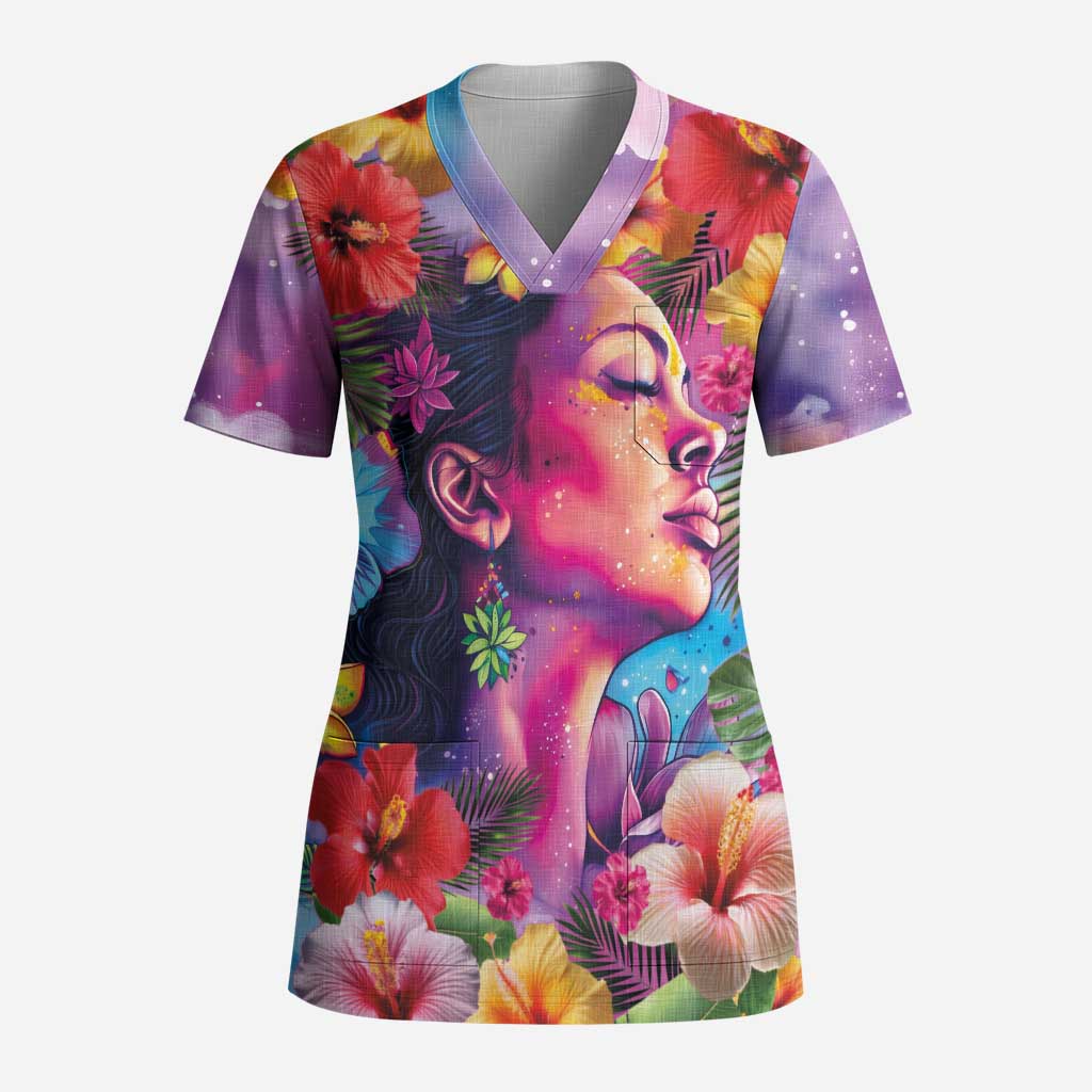 Polynesian Women Scrub Top Tropical Plant - Vibrant Surreal Dreamscape Vibe LT03 Adult Pink-Purple - Polynesian Pride