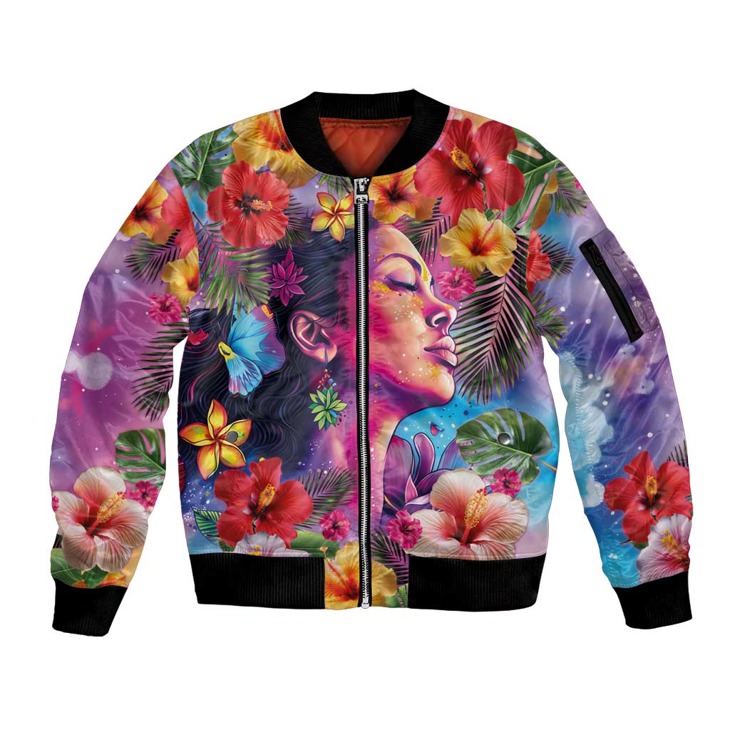 Polynesian Women Sleeve Zip Bomber Jacket Tropical Plant - Vibrant Surreal Dreamscape Vibe LT03 Unisex Pink-Purple - Polynesian Pride