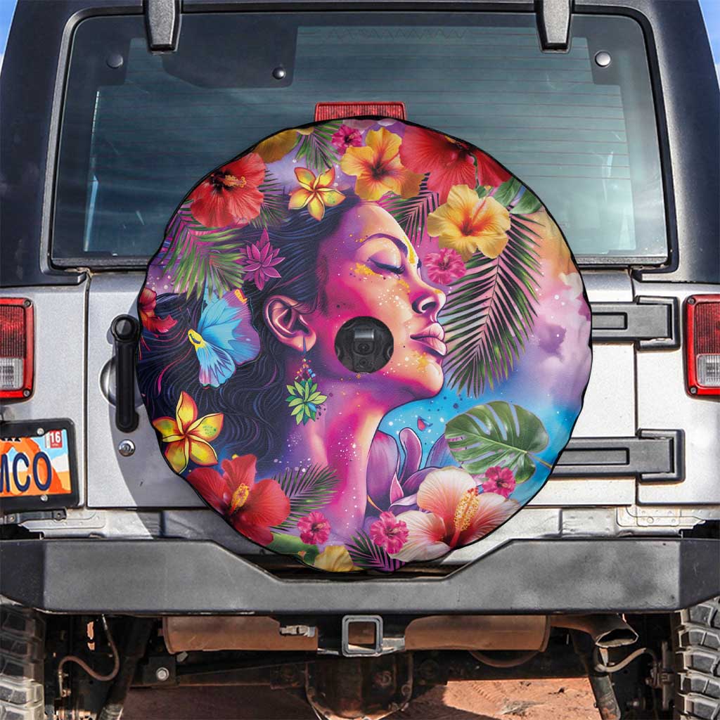 Polynesian Women Spare Tire Cover Tropical Plant - Vibrant Surreal Dreamscape Vibe