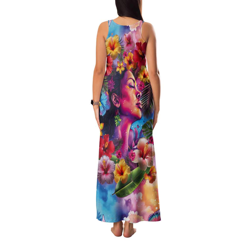 Polynesian Women Tank Maxi Dress Tropical Plant - Vibrant Surreal Dreamscape Vibe