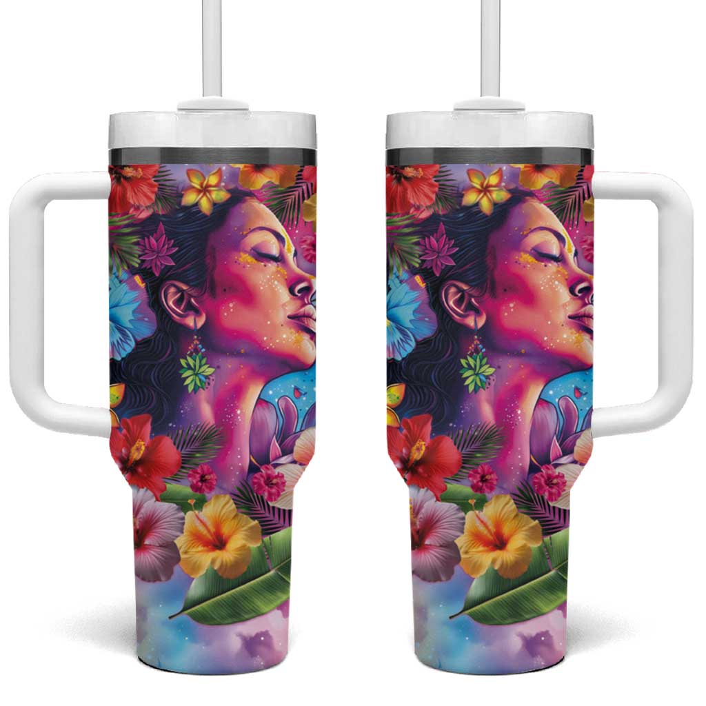 Polynesian Women Tumbler With Handle Tropical Plant - Vibrant Surreal Dreamscape Vibe