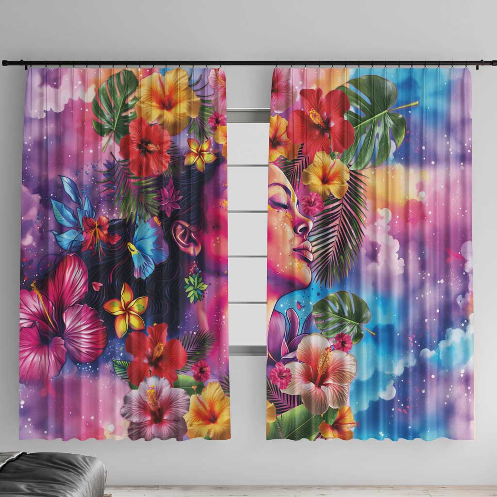 Polynesian Women Window Curtain Tropical Plant - Vibrant Surreal Dreamscape Vibe
