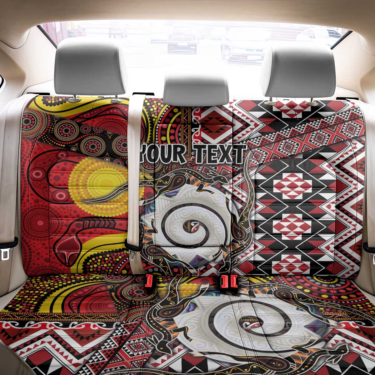 Personalised Aotearoa and Australia Together Back Car Seat Cover Koru and Kangaroo - Taniko with Aboriginal Motif