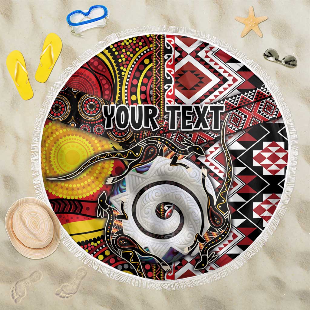 Personalised Aotearoa and Australia Together Beach Blanket Koru and Kangaroo - Taniko with Aboriginal Motif