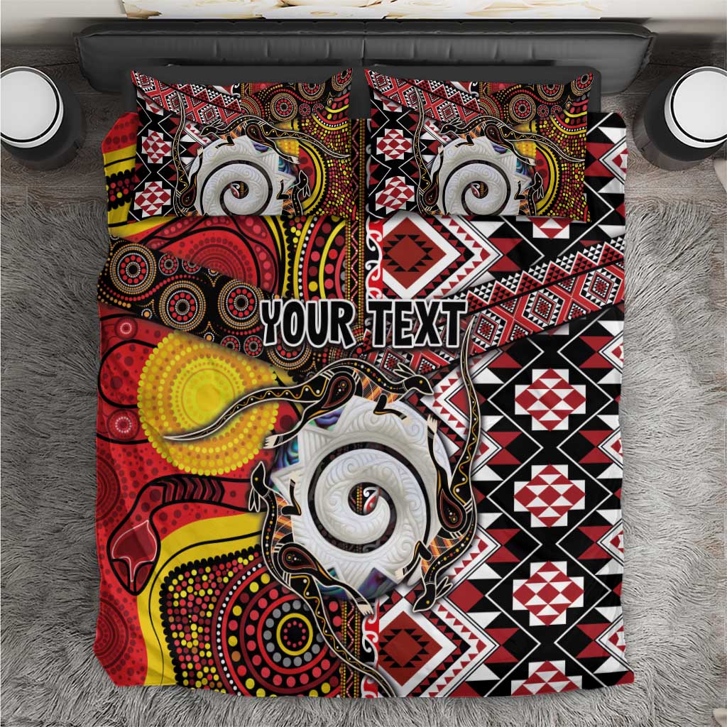Personalised Aotearoa and Australia Together Bedding Set Koru and Kangaroo - Taniko with Aboriginal Motif LT03 Black - Polynesian Pride