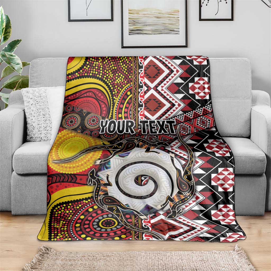 Personalised Aotearoa and Australia Together Blanket Koru and Kangaroo - Taniko with Aboriginal Motif