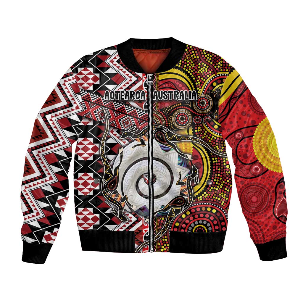 Personalised Aotearoa and Australia Together Bomber Jacket Koru and Kangaroo - Taniko with Aboriginal Motif LT03 Unisex Black - Polynesian Pride