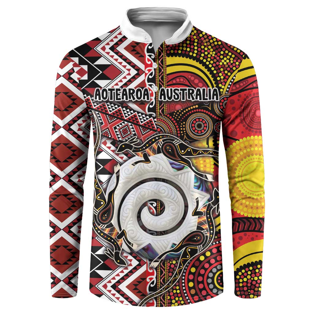 Personalised Aotearoa and Australia Together Button Sweatshirt Koru and Kangaroo - Taniko with Aboriginal Motif