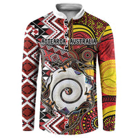 Personalised Aotearoa and Australia Together Button Sweatshirt Koru and Kangaroo - Taniko with Aboriginal Motif