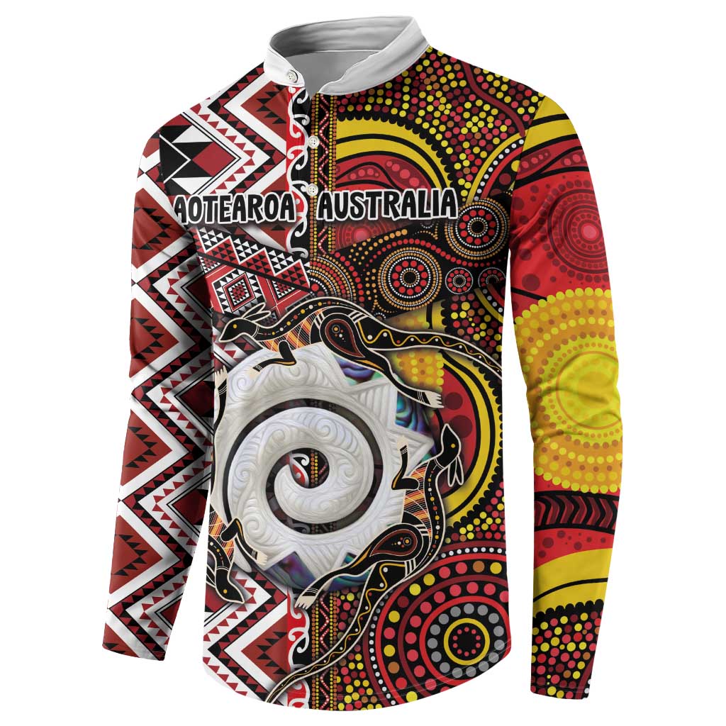Personalised Aotearoa and Australia Together Button Sweatshirt Koru and Kangaroo - Taniko with Aboriginal Motif