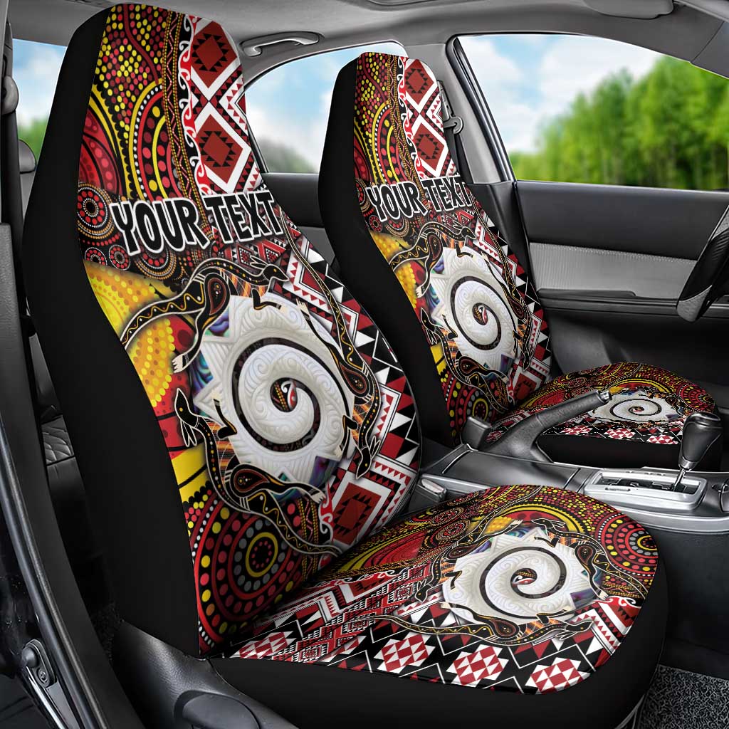 Personalised Aotearoa and Australia Together Car Seat Cover Koru and Kangaroo - Taniko with Aboriginal Motif
