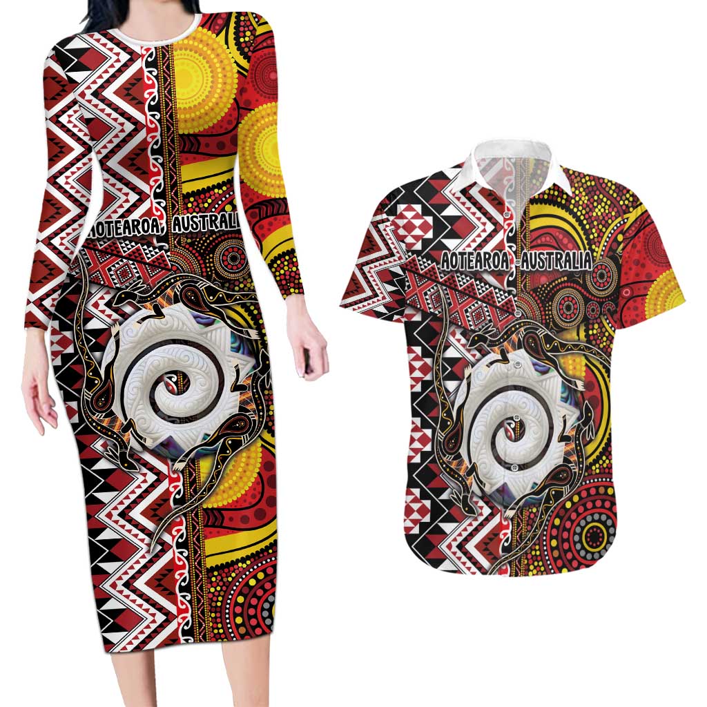 Personalised Aotearoa and Australia Together Couples Matching Long Sleeve Bodycon Dress and Hawaiian Shirt Koru and Kangaroo - Taniko with Aboriginal Motif