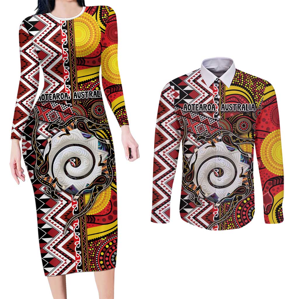 Personalised Aotearoa and Australia Together Couples Matching Long Sleeve Bodycon Dress and Long Sleeve Button Shirt Koru and Kangaroo - Taniko with Aboriginal Motif