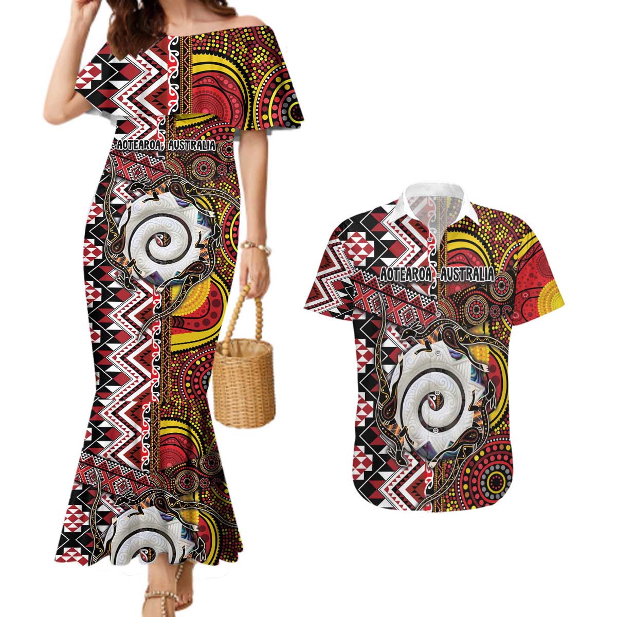 Personalised Aotearoa and Australia Together Couples Matching Mermaid Dress and Hawaiian Shirt Koru and Kangaroo - Taniko with Aboriginal Motif