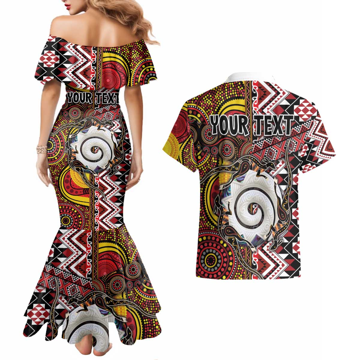 Personalised Aotearoa and Australia Together Couples Matching Mermaid Dress and Hawaiian Shirt Koru and Kangaroo - Taniko with Aboriginal Motif
