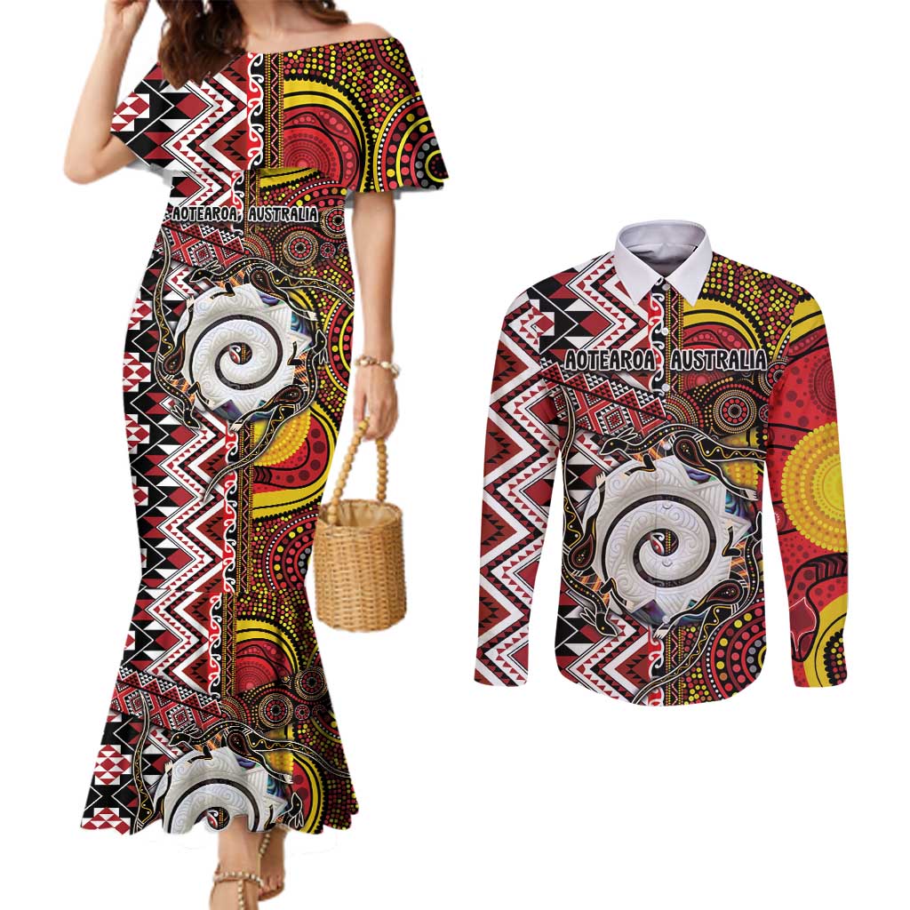 Personalised Aotearoa and Australia Together Couples Matching Mermaid Dress and Long Sleeve Button Shirt Koru and Kangaroo - Taniko with Aboriginal Motif