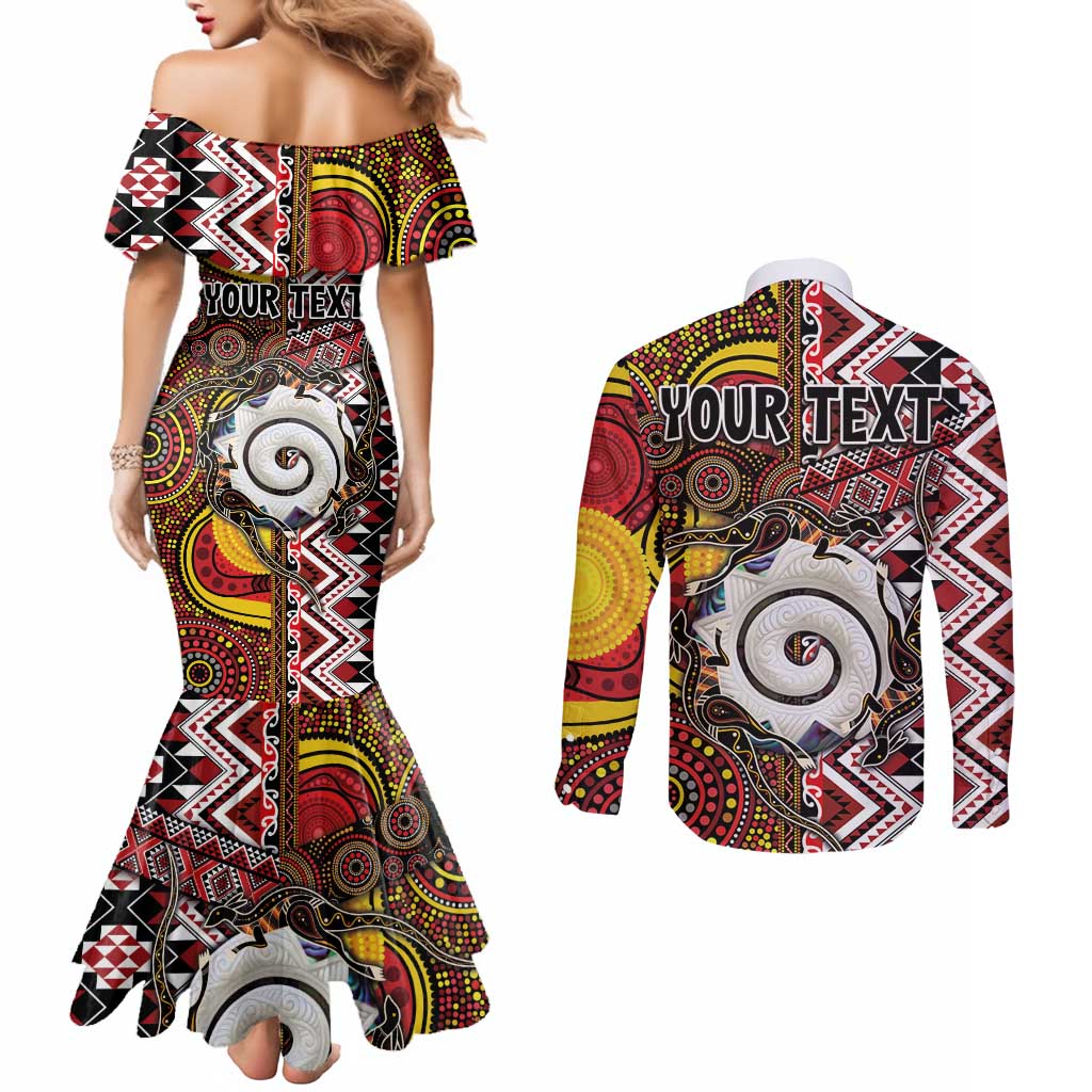 Personalised Aotearoa and Australia Together Couples Matching Mermaid Dress and Long Sleeve Button Shirt Koru and Kangaroo - Taniko with Aboriginal Motif
