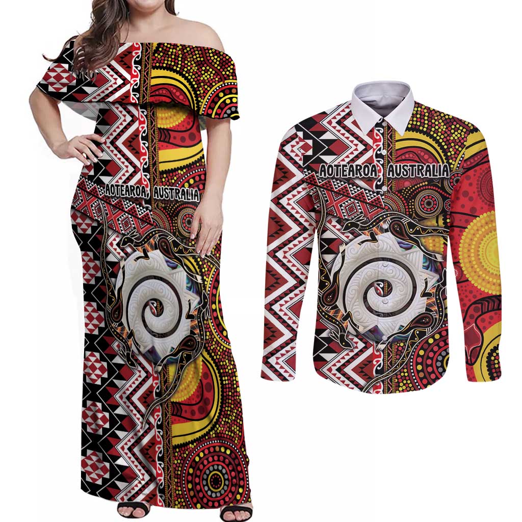 Personalised Aotearoa and Australia Together Couples Matching Off Shoulder Maxi Dress and Long Sleeve Button Shirt Koru and Kangaroo - Taniko with Aboriginal Motif