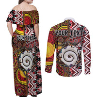 Personalised Aotearoa and Australia Together Couples Matching Off Shoulder Maxi Dress and Long Sleeve Button Shirt Koru and Kangaroo - Taniko with Aboriginal Motif
