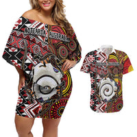 Personalised Aotearoa and Australia Together Couples Matching Off Shoulder Short Dress and Hawaiian Shirt Koru and Kangaroo - Taniko with Aboriginal Motif