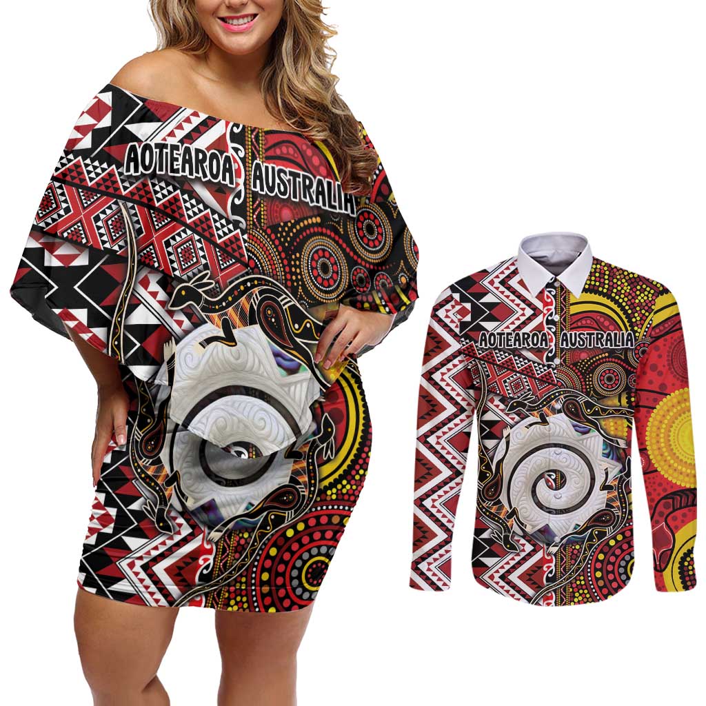 Personalised Aotearoa and Australia Together Couples Matching Off Shoulder Short Dress and Long Sleeve Button Shirt Koru and Kangaroo - Taniko with Aboriginal Motif