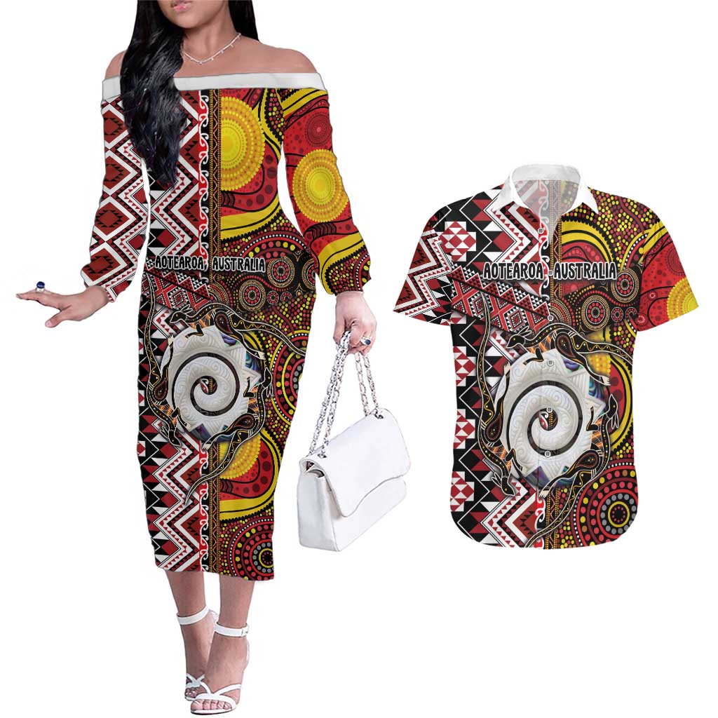 Personalised Aotearoa and Australia Together Couples Matching Off The Shoulder Long Sleeve Dress and Hawaiian Shirt Koru and Kangaroo - Taniko with Aboriginal Motif