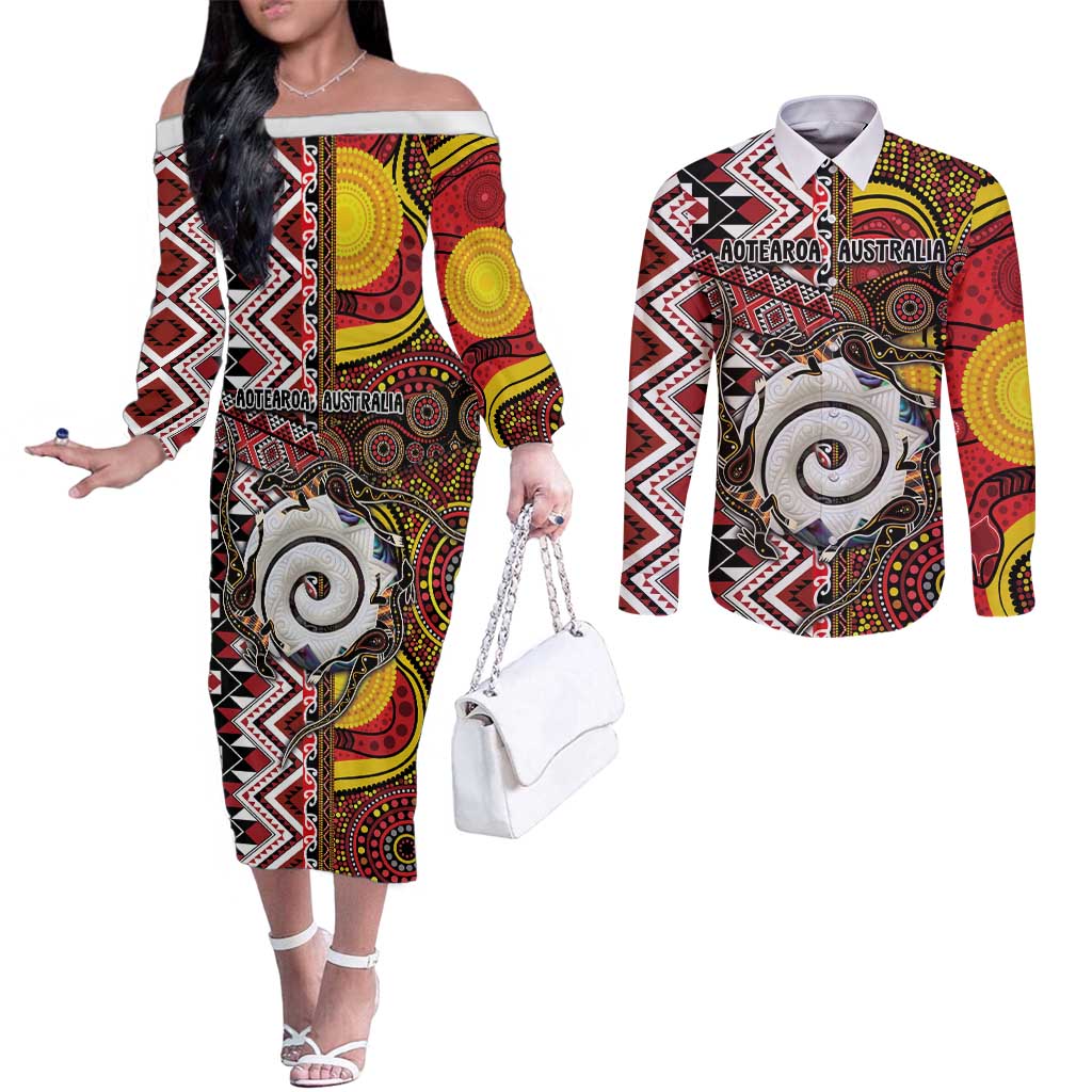 Personalised Aotearoa and Australia Together Couples Matching Off The Shoulder Long Sleeve Dress and Long Sleeve Button Shirt Koru and Kangaroo - Taniko with Aboriginal Motif
