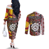Personalised Aotearoa and Australia Together Couples Matching Off The Shoulder Long Sleeve Dress and Long Sleeve Button Shirt Koru and Kangaroo - Taniko with Aboriginal Motif