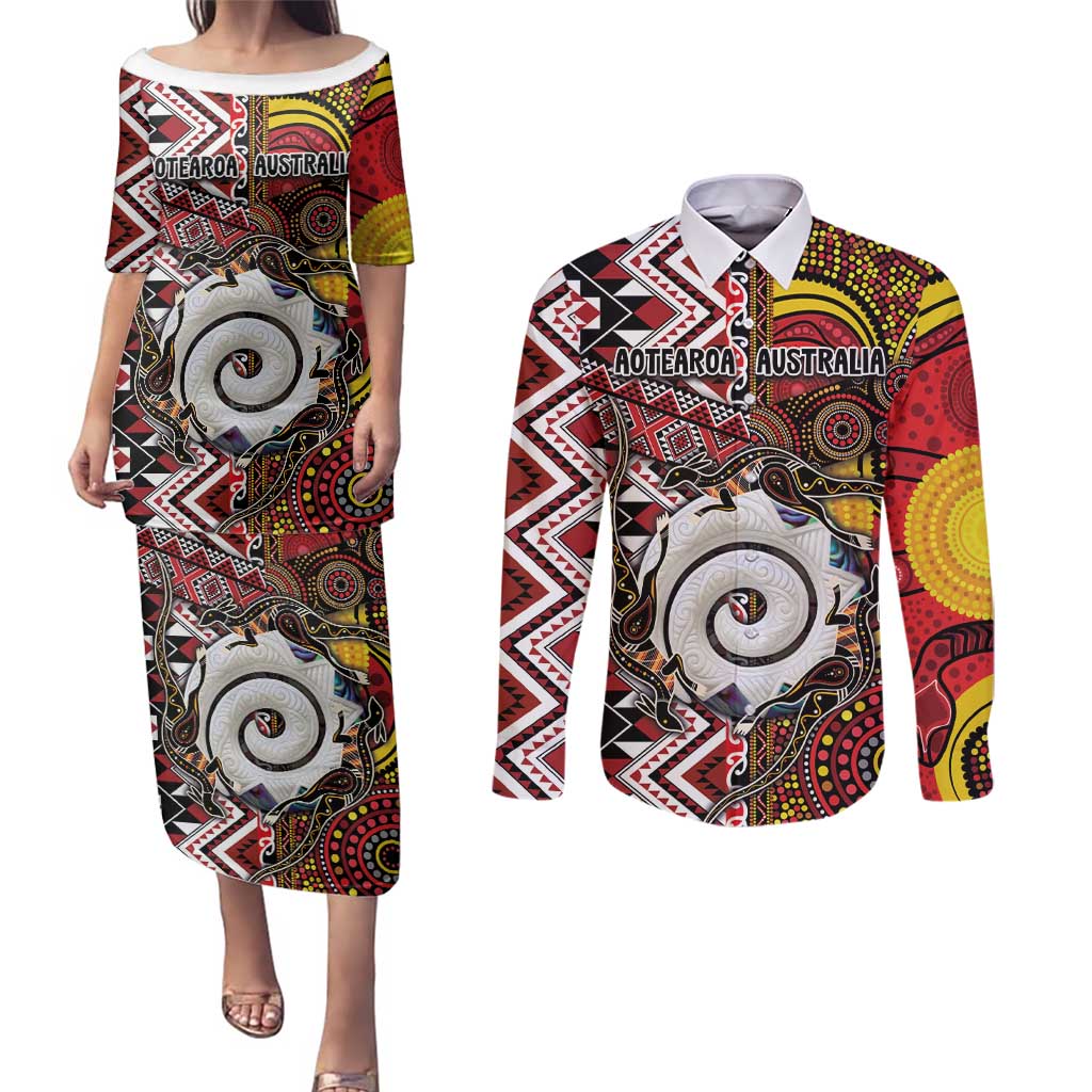 Personalised Aotearoa and Australia Together Couples Matching Puletasi and Long Sleeve Button Shirt Koru and Kangaroo - Taniko with Aboriginal Motif