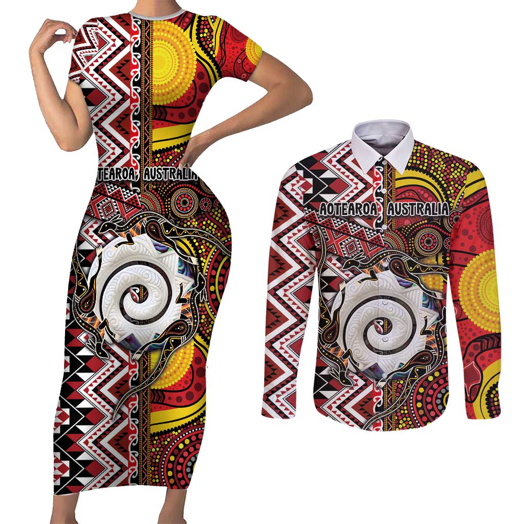 Personalised Aotearoa and Australia Together Couples Matching Short Sleeve Bodycon Dress and Long Sleeve Button Shirt Koru and Kangaroo - Taniko with Aboriginal Motif