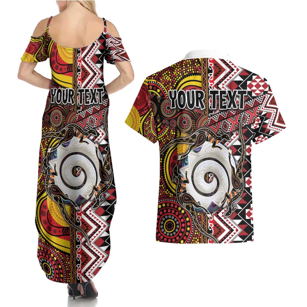 Personalised Aotearoa and Australia Together Couples Matching Summer Maxi Dress and Hawaiian Shirt Koru and Kangaroo - Taniko with Aboriginal Motif