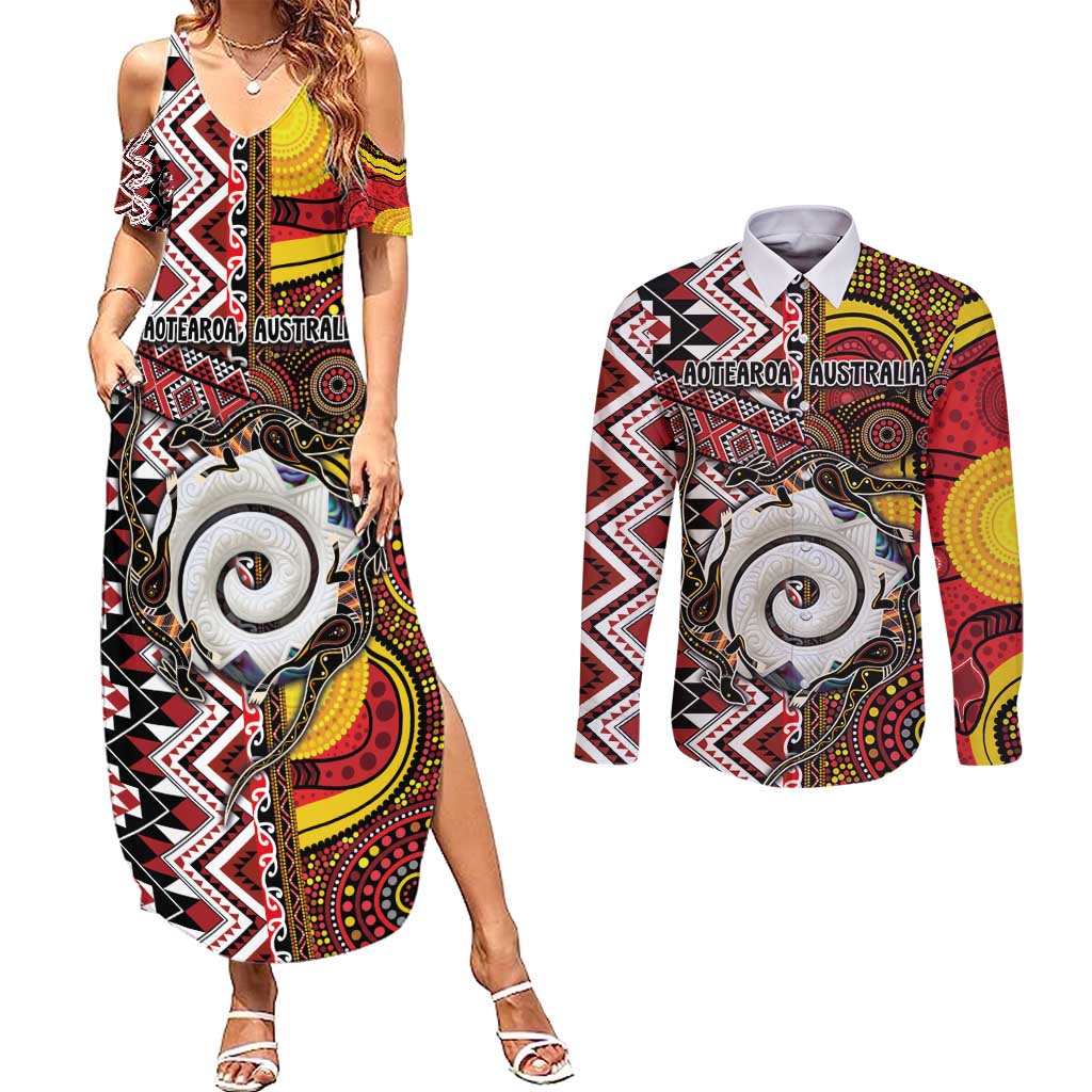 Personalised Aotearoa and Australia Together Couples Matching Summer Maxi Dress and Long Sleeve Button Shirt Koru and Kangaroo - Taniko with Aboriginal Motif