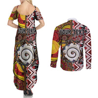 Personalised Aotearoa and Australia Together Couples Matching Summer Maxi Dress and Long Sleeve Button Shirt Koru and Kangaroo - Taniko with Aboriginal Motif